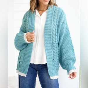 POL Knit Long Sleeve Open Cardigan With Lace Trim